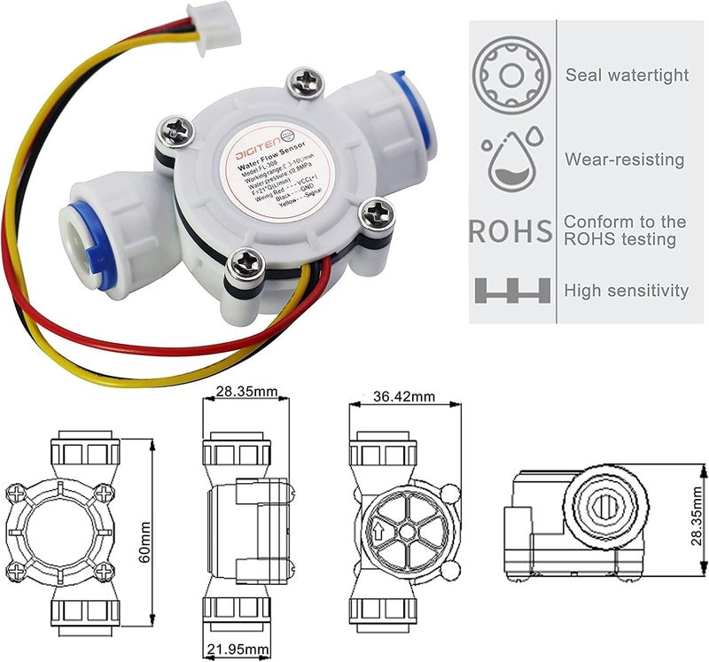 DIGITEN G3/8" Quick Connect Hall Effect Sensor Water Flow Sensor Food-Grade Flowmeter Water Flow Counter Meter 0.3-10L/min - Arduino, Raspberry Pi, and Reverse Osmosis Filter Compatible - Image 4